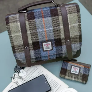 Mini Messenger Coin Purse Harris Tweed Blue Brown Check