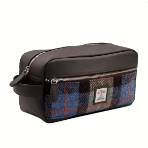 Blue Brown Harris Tweed Wash Bag