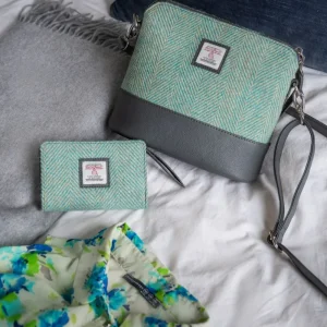 Square Shoulder Bag Zip Purse Harris Tweed Turquoise Herringbone