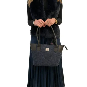 Blue Herringbone Tweed Tote Bag with Zip