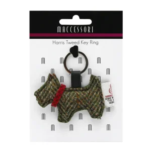 Green Herringbone Scottie Dog Keyring Harris Tweed