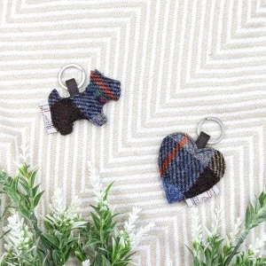 Dog Keyring and Heart Keyring in Blue Brown Harris Tweed