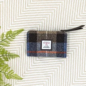 Medium Zip Purse in Blue Brown Check Harris Tweed