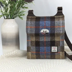 Satchel Bag in Blue Brown Check Harris Tweed
