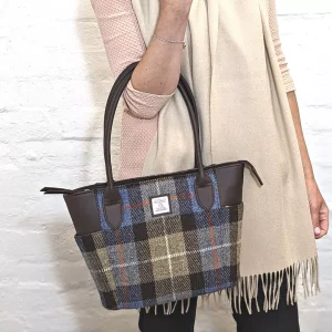 Tote Bag with Top Handles in Blue Brown Harris Tweed and Biscuit Wool Scarf