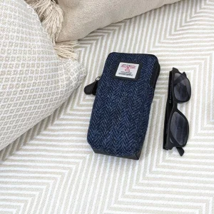 Glasses and Sunglasses Case with double zip in Blue Herringbone Harris Tweed