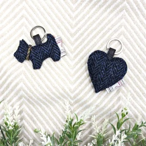 Dog Keyring and Heart Keyring in Blue Herringbone Harris Tweed