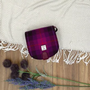 Small Cross Body Bag in Purple Check Harris Tweed