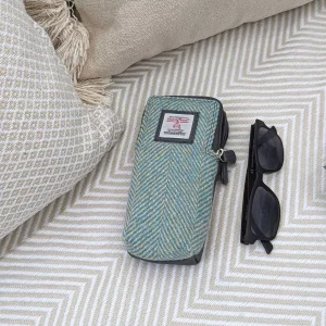 Double Glasses Case in Turquoise Herringbone Harris Tweed