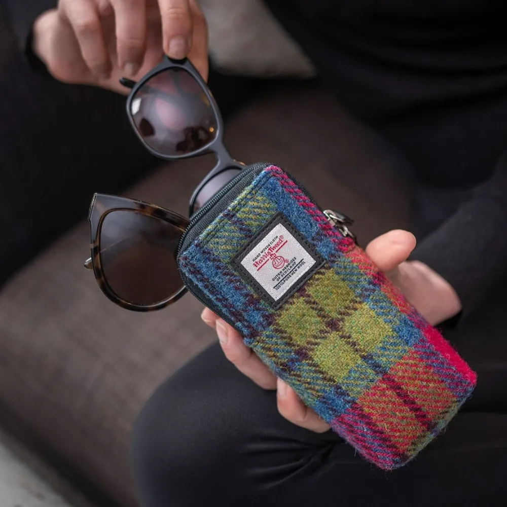 Double Glasses Sleeve Harris Tweed Blue Pink Check