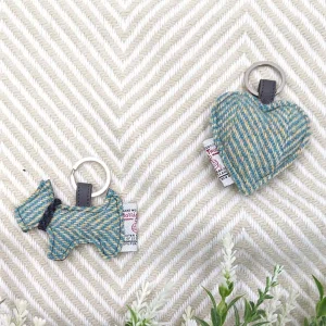 Heart Keyring and Dog Keyring in Turquoise Herringbone Harris Tweed