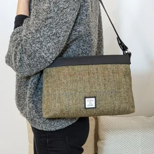 Large Shoulder Bag in Green Herringbone Harris Tweed