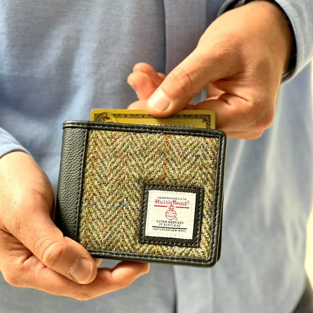 Green Herringbone Tweed Bifold Wallet for Men