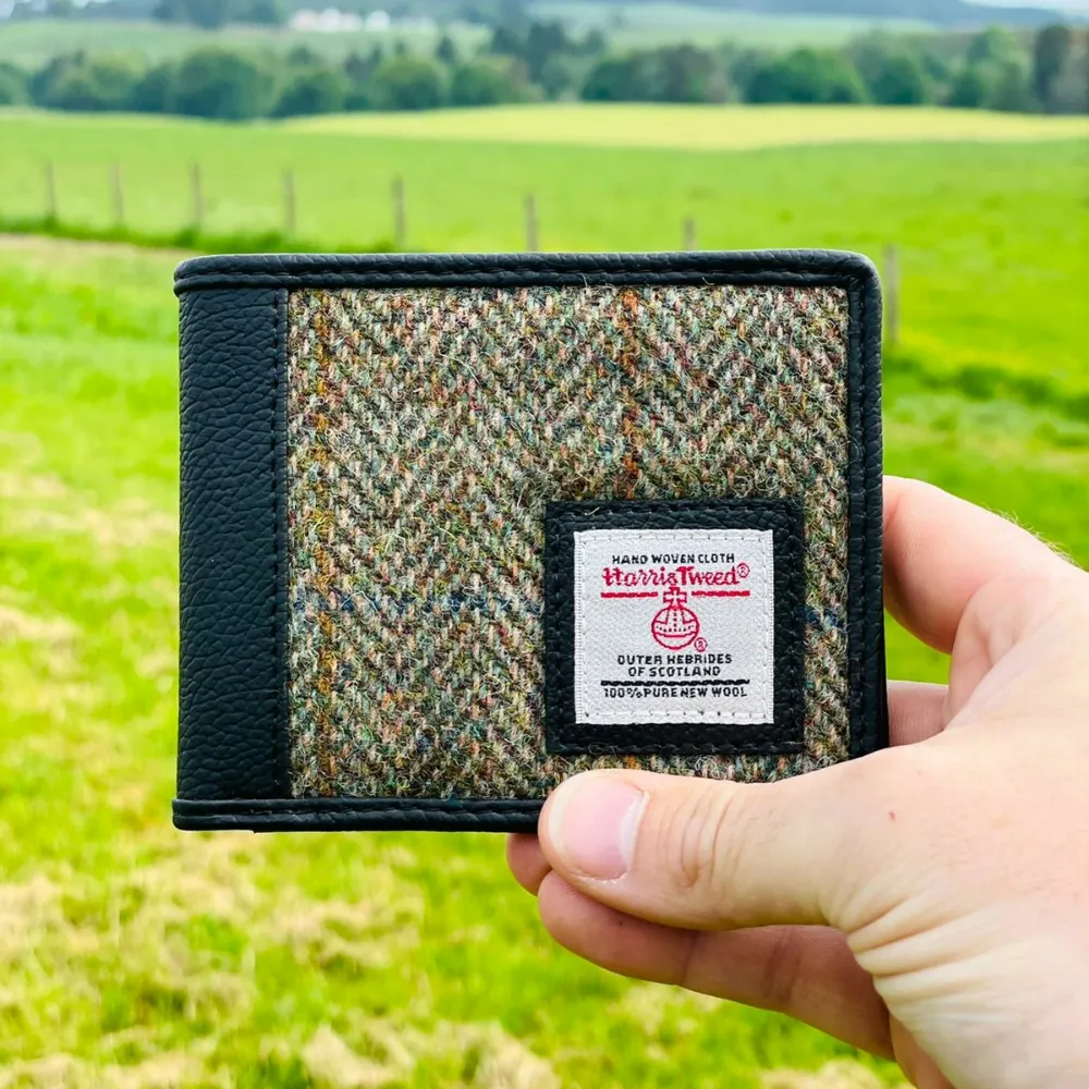 Green Herringbone Tweed Bifold Wallet for Men