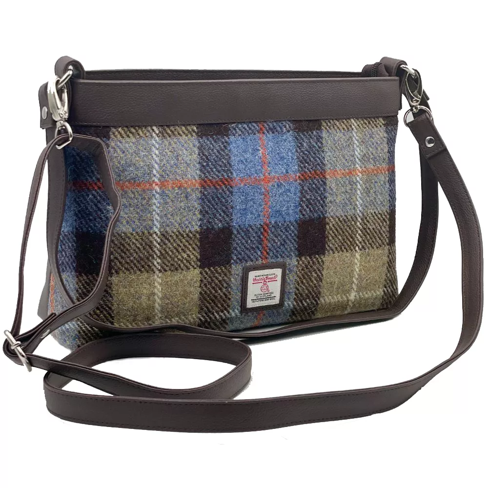 Brown vegan leather and Blue/Brown Harris Tweed Shoulder Bag