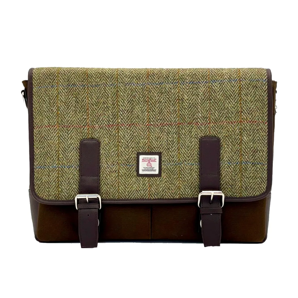 Laptop Messenger Bag in Green Herringbone