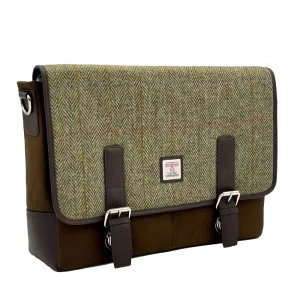 Laptop Messenger Bag for Men in Green Herringbone