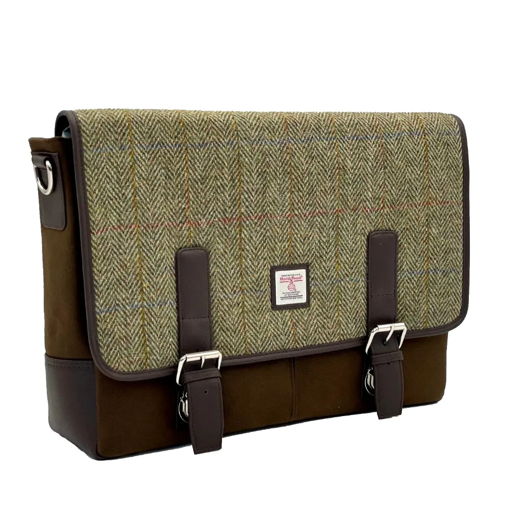 Laptop Messenger Bag for Men in Green Herringbone