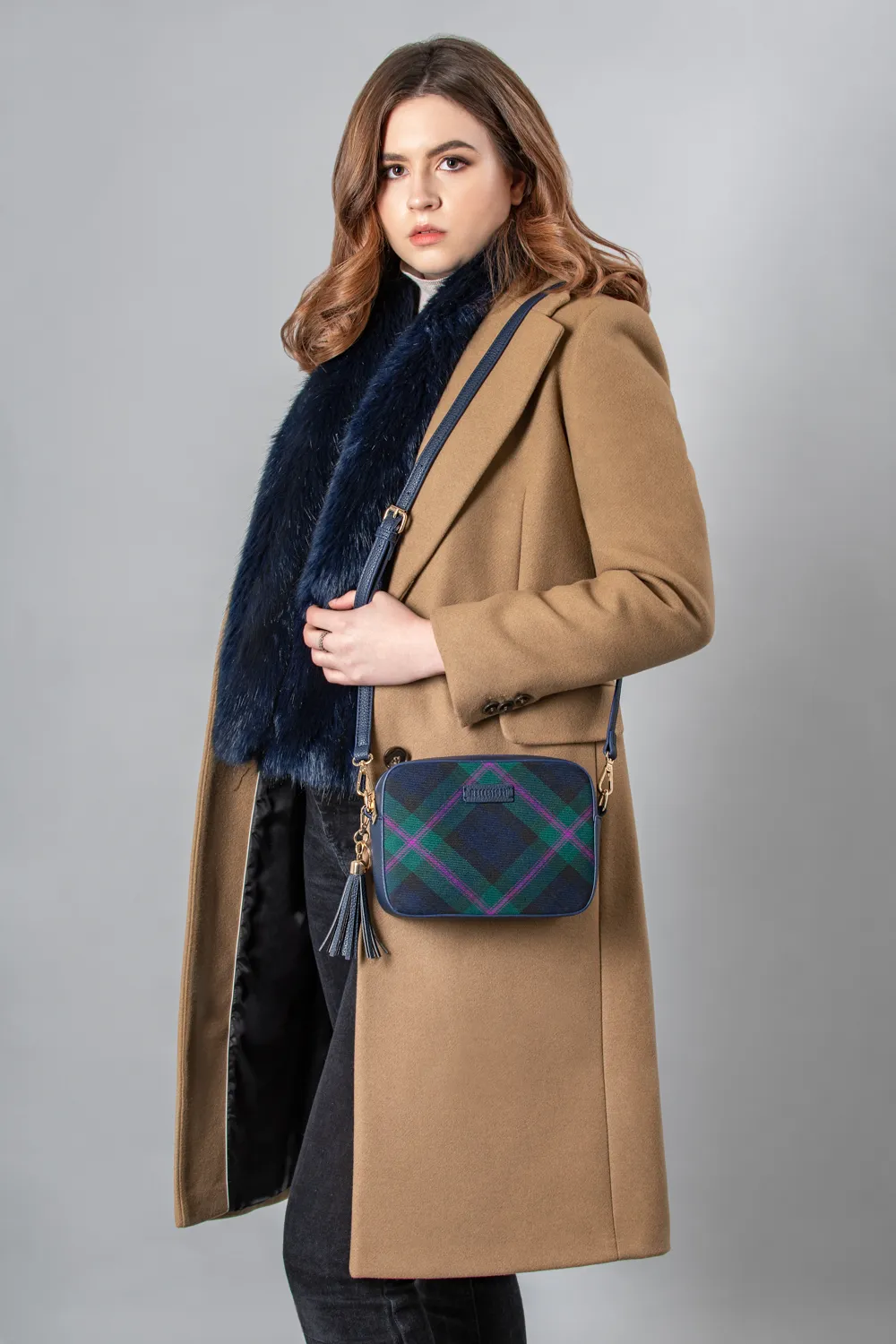 Green and Blue Bairn Tartan Crossbody Bag with tassel