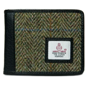 Trifold Wallet Green Herringbone Harris Tweed