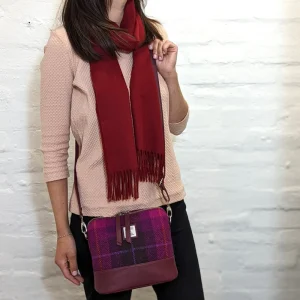 lightweight wool scarf in Burgundy with Purple Check Harris Tweed Square Shoulder Bag