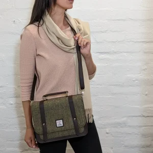 biscuit cream woollen scarf with Country Green Harris Tweed Mini Messenger bag