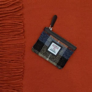 Coin Purse Blue Brown Harris Tweed and Burnt Orange Wool scarf with tassels