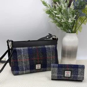 Large Shoulder Bag and Envelope Purse Blue Check Harris Tweed