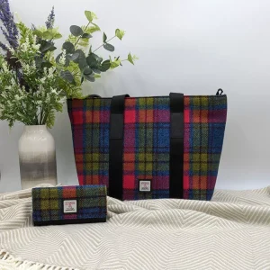 Shopper Bag and Envelope Purse Blue Pink Harris Tweed