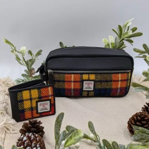 Men's Wash Bag Gift Set and Trifold Wallet in Saffron Yellow Harris Tweed