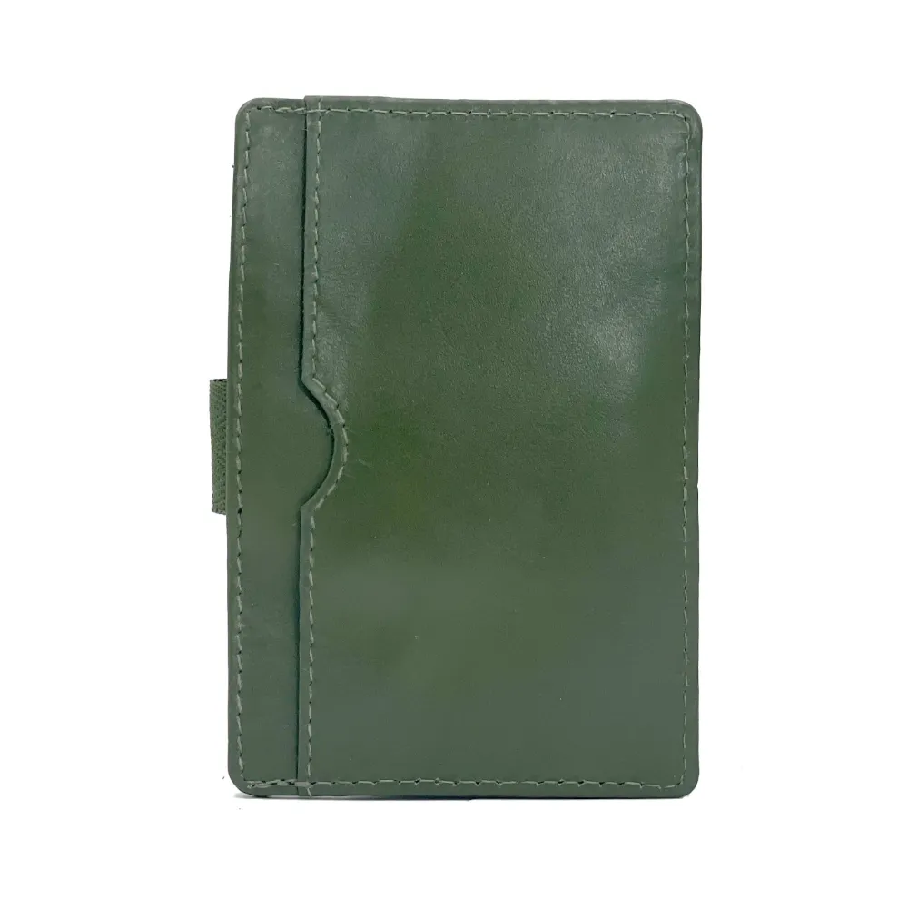 Reverse of olive Italian leather card holder showing external card slot