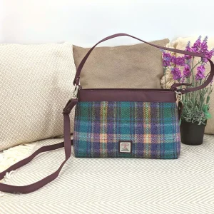 Large Shoulder Bag in Green and Purple Plaid Harris Tweed