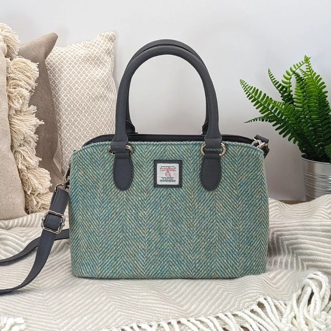 Turquoise Herringbone Harris Tweed Top Handle Handbag