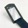 Olive Green leather luggage tag open to show address label and black watch tartan lining