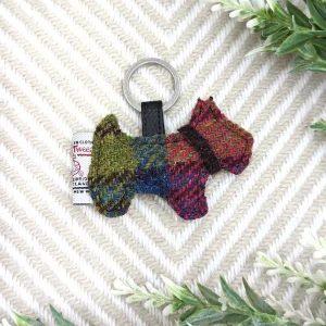 Rainbow Tweed Scottie Dog Keyring (Blue Pink Harris Tweed)
