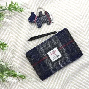 Medium Zip Purse and Dog Keyring in Blue Check Harris Tweed