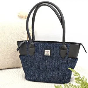 Tote Bag with Carry Handles in Blue Herringbone Harris Tweed