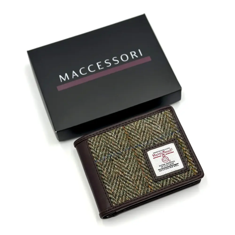 Harris Tweed Bifold Coin Wallet Country Green with box