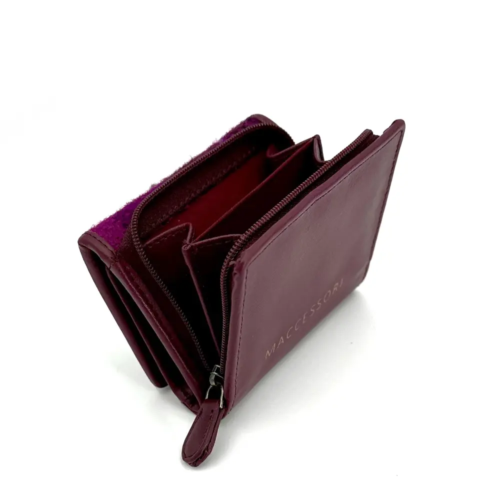 Harris Tweed Trifold Purse purple check inside zip